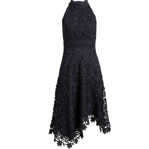 Eliza J Dresses & Skirts - New Eliza‎ J Women Asymmetric Hem Mock Neck Lace Dress size 18 Navy Cocktail